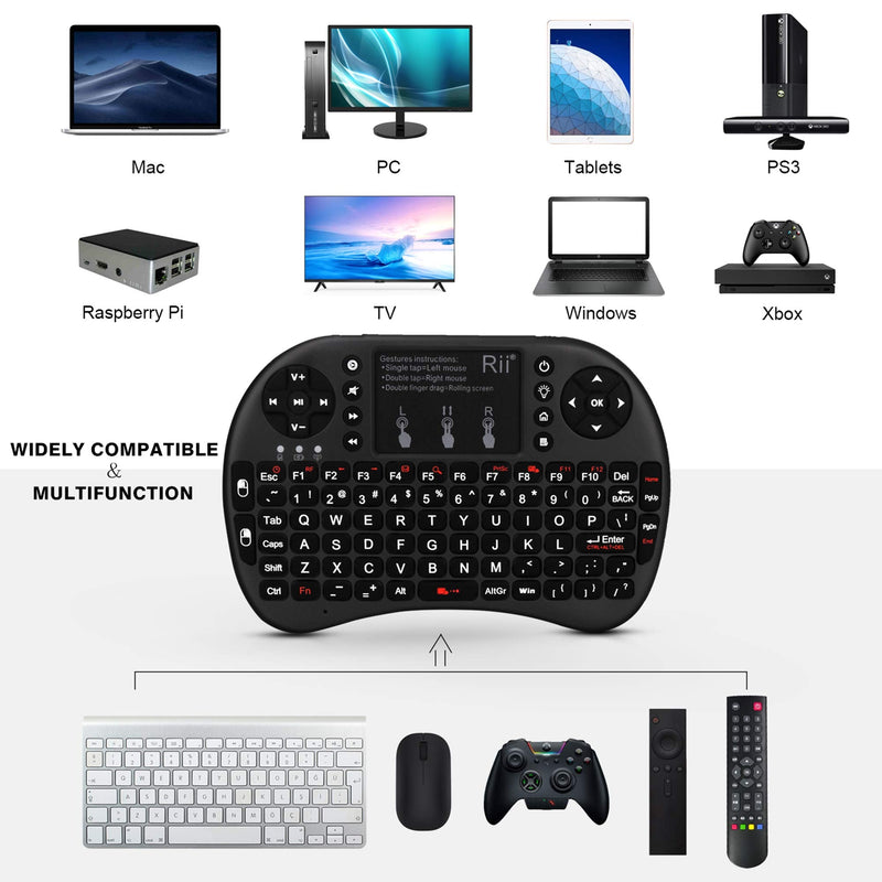 [Australia - AusPower] - (Upgraded)Rii 2.4GHz Mini Wireless Keyboard with Touchpad,QWERTY Keyboard,LED Backlit,Portable Keyboard Wireless for laptop/PC/Tablets/Windows/Mac/TV/Xbox/PS3/Raspberry Pi .(i8+ Black) 