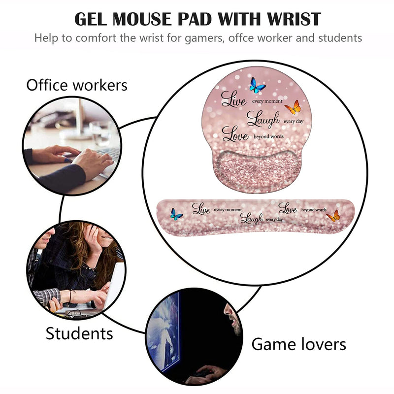 [Australia - AusPower] - Keyboard Wrist Rest and Mouse Pad Wrist Support Set with Coasters, Non-Slip PU Base Ergonomic Gaming Mousepad for Home Office Working Studying Easy Typing & Pain Relief, Glitter Quote Live Laugh Love 