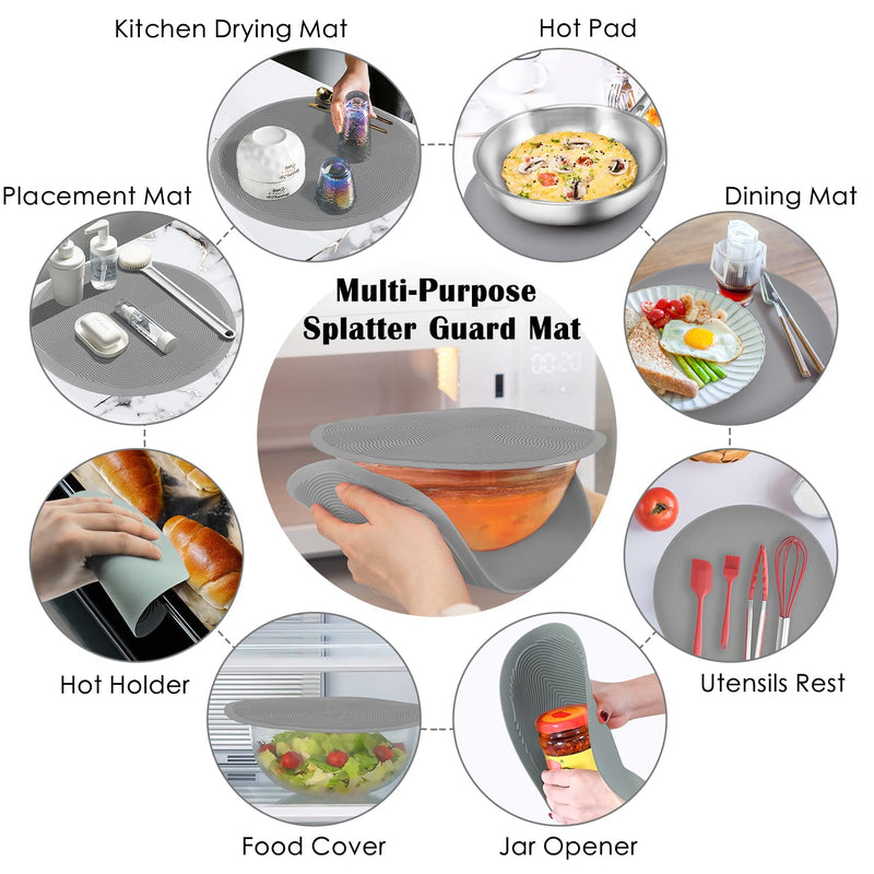 [Australia - AusPower] - KooMall 2 Pcs 12 10 Inch Thickened Multi-use Silicone Trivet, Microwave Splatter Guard Mat, Baking Mat, Pot Holders Hot Pad for Hot Pots Pans Dishes Kitchen Counter,Heat Resistant,Dishwasher Safe,Grey Gray 10+12 inch 