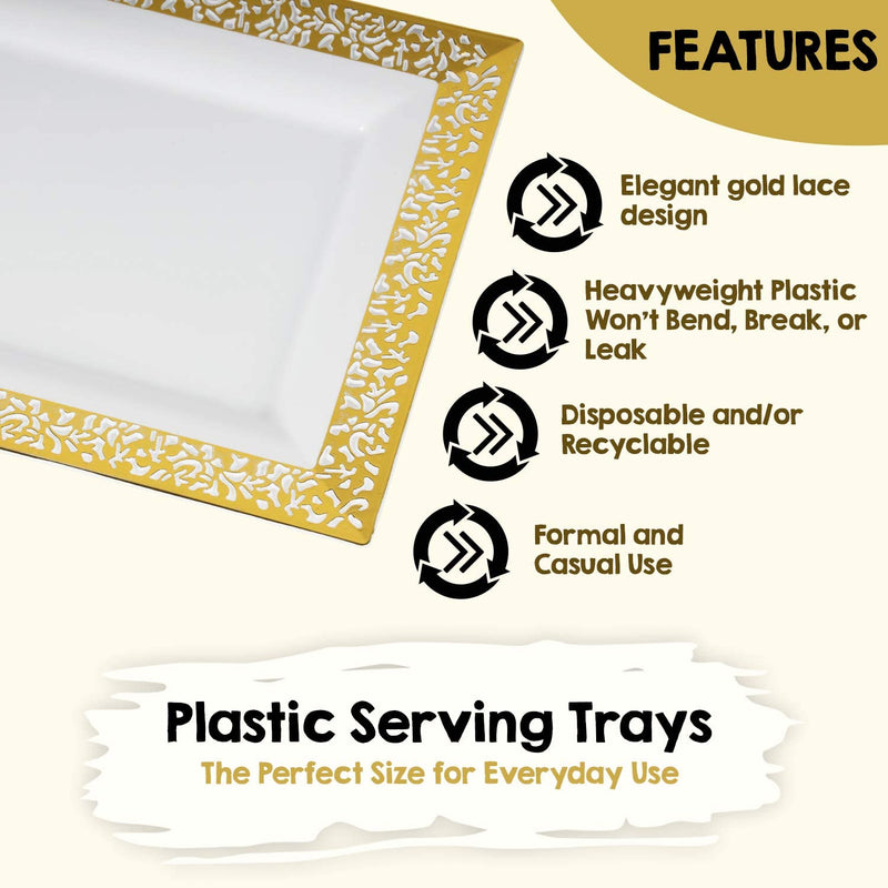 [Australia - AusPower] - Yumchikel-Decorative Plastic Serving Tray & Platter Set (4pk) - Gold & White Disposable Party Trays & Platters for Food - Weddings, Upscale Parties, Dessert Table, Cupcake display - 14x7.5 inches 