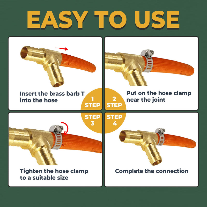 [Australia - AusPower] - LIONMAX Brass Hose Barb Tee Fittings 3 PCS, 5/8" x 5/8" x 5/8" ID Hose Barb, 3 Way Union Barb T Fitting, with 9 Hose Clamps, for Water/Fuel/Air 