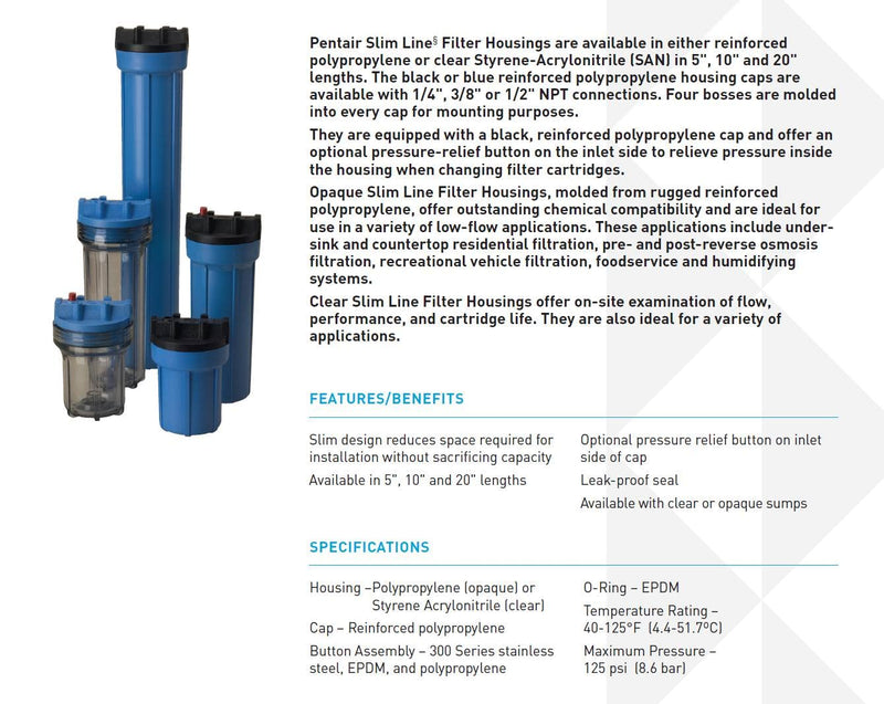 [Australia - AusPower] - Pentair Pentek 158002 Traditional Slim Line Filter Housing, 3/8" NPT #5 Under Sink Opaque Water Filter Housing with Pressure Relief Button, 5-Inch, Blue 