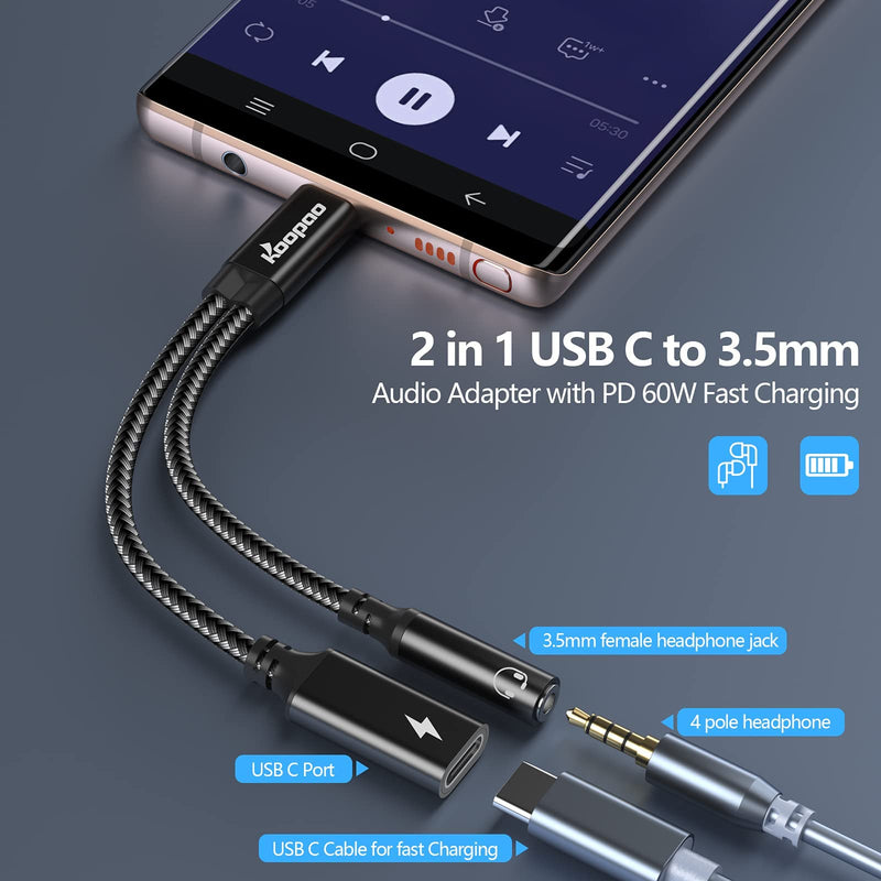 [Australia - AusPower] - 2 in 1 USB C to 3.5mm Headphone and Charger Adapter-USB C to 3.5 Headphone Jack Adapter,KOOPAO USB C PD 3.0 Quick Charging Port 60W Fast Charge Cable compatible for samsung Galaxy S23 S23+ S23 Ultra Black 