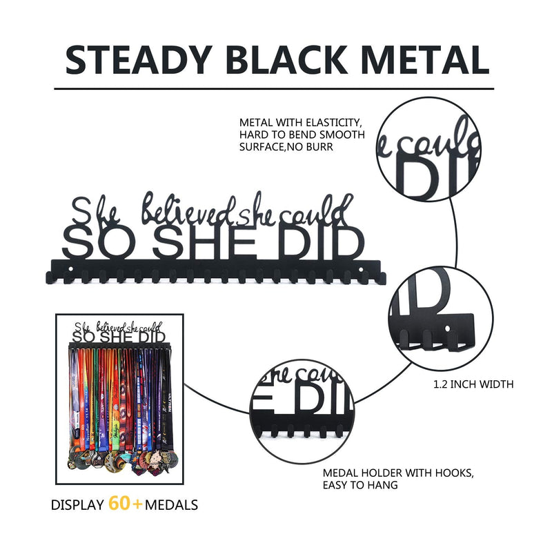 [Australia - AusPower] - Goutoports Medal Holder Display Hanger Frame for Sport Race Runner Rack-She Believed She Could -Sturdy Black Steel Metal Over 60 Medals Easy to Install 