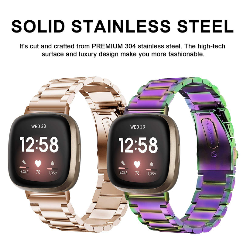 [Australia - AusPower] - KOREDA Compatible with Fitbit Versa 3/Fitbit Sense Bands Sets for Women Men, Solid Stainless Steel Metal Replacement Bracelet Wristband Strap for Fitbit Versa 3/Sense Smartwatch (Colorful+Rose Gold) Colorful+Rose Gold 