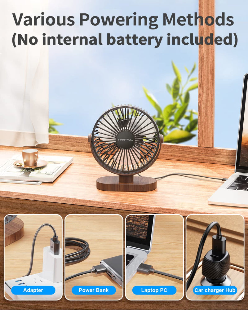 [Australia - AusPower] - SWEETFULL 6.4 Inch USB Small Desk Fan, 3 Speeds Quiet Portable Desktop Table Fan, 360° Adjustment Personal Mini Fan for Home Office Car Outdoor Travel (Black wood grain) Black wood grain 