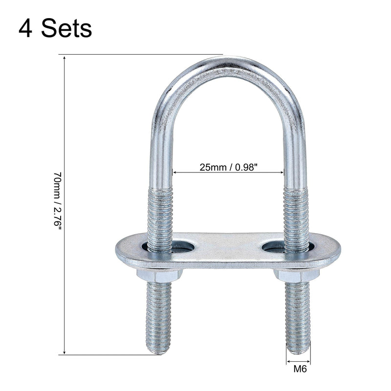 [Australia - AusPower] - uxcell Round U-Bolt 0.98"(25mm) Inner Width 70mm Length Steel M6 with Nut, Plate, Washer 4 Sets 