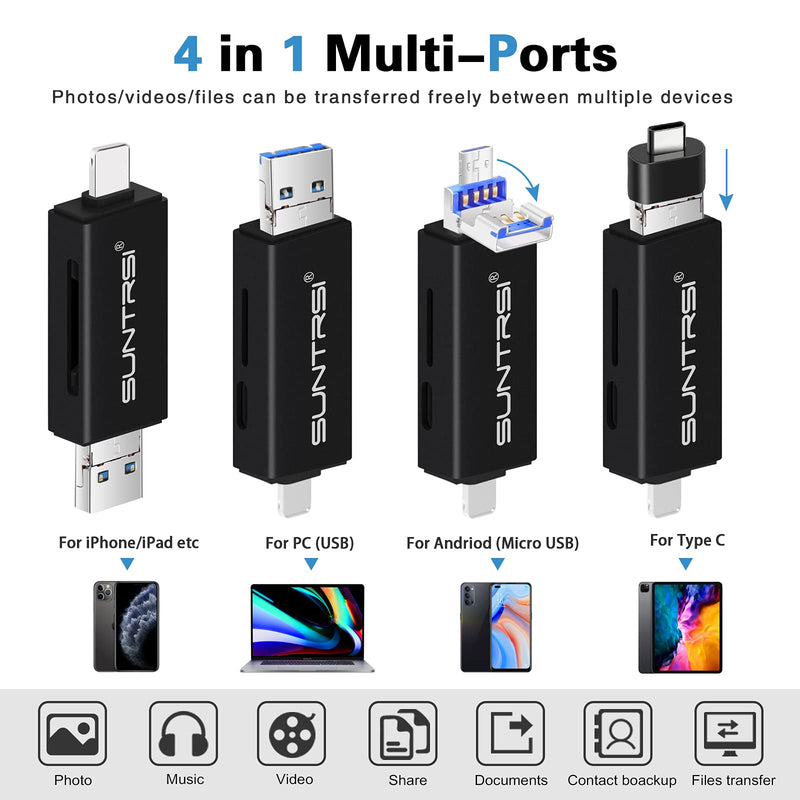 [Australia - AusPower] - 4 in 1 SD Card Reader for iPhone/ipad/Android/ Mac/Camera,Micro SD Card Reader SD Card Adapter with iPhone/iPad Charging Port,Portable Memory Card Reader Trail Camera Viewer,Plug and Play(Black) black 