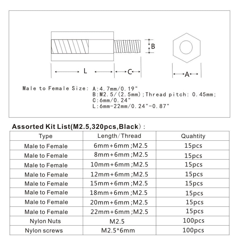 [Australia - AusPower] - HVAZI 320pcs M2.5 Nylon Hex Spacer Standoffs Screws Nuts Assortment Kit; Male-Female(Black) 
