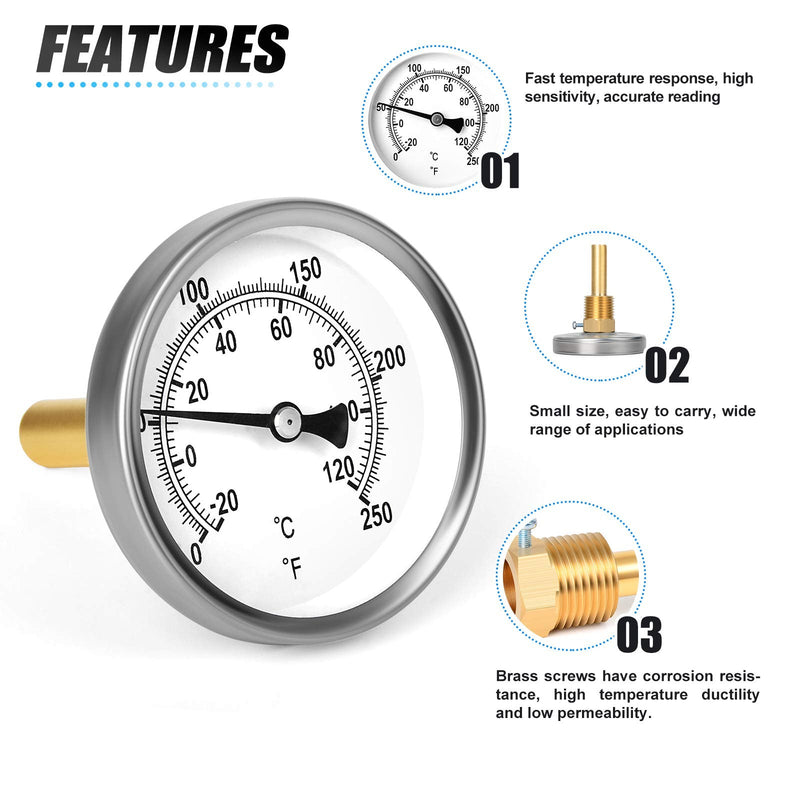 [Australia - AusPower] - MEANLIN MEASURE 1/2" NPT Bimetal Thermometer for hot Water, boilers, and Pipes，2-1/2" Dial, 2-1/4" Lead-Free Brass Stem，Temperature Range 0-250°F/-20-120 ° C, Accuracy 2%,Center Back Mount 2.5Dial/0-250°F 