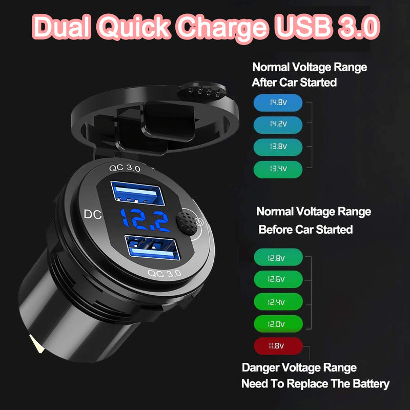 [Australia - AusPower] - 12V USB Outlet, Quick Charge 3.0 Dual USB Car Charger Power Socket with Switch Voltmeter Aluminum Waterproof Car Outlet Fast Charger for Marine Motorcycle Golf Cart RV Boat 