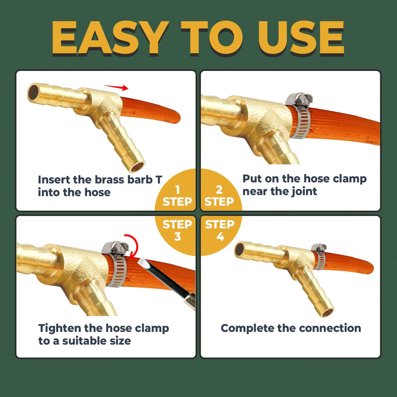 [Australia - AusPower] - LIONMAX Brass Hose Barb Tee Fittings 3 PCS, 3 Way Union Barb T Fitting, 1/4" x 1/4" x 1/4" ID Hose Barb, with 9 Hose Clamps, for Water/Fuel/Air 