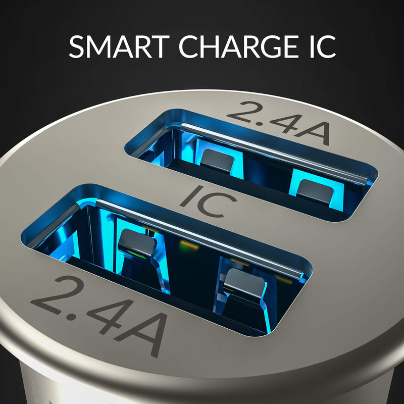 [Australia - AusPower] - Crave Metal Car Charger [24W 4.8A 2 Port Dual USB] Zinc Alloy Universal Compact 12 Volt Charger, Smart Charge IC Technology Metallic 
