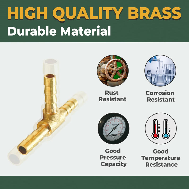 [Australia - AusPower] - LIONMAX Brass Hose Barb Tee Fittings 3 PCS, 3 Way Union Barb T Fitting, 1/4" x 1/4" x 1/4" ID Hose Barb, with 9 Hose Clamps, for Water/Fuel/Air 