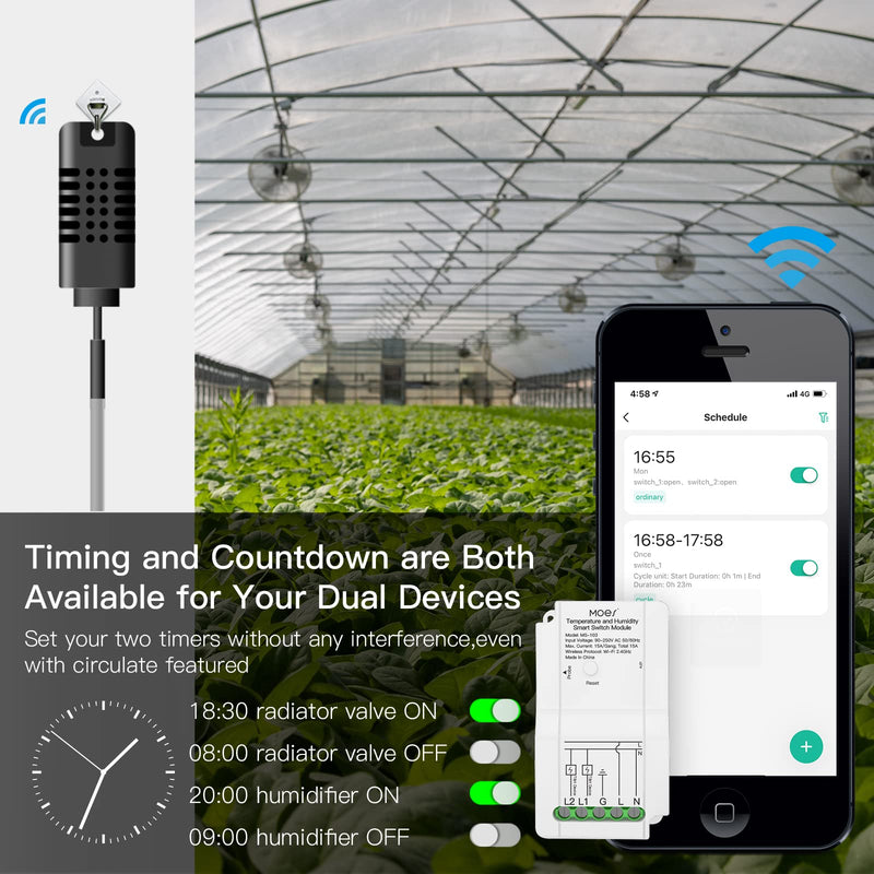 [Australia - AusPower] - MOES WiFi Smart Temperature and Humidity Switch Module Sensor, Dual Relay Output Controller, Smart Life Tuya App Wireless Remote Control, Programmable Thermostats Kit Works with Alexa Google Home Switch Module + Temperature and Humidity Probe 