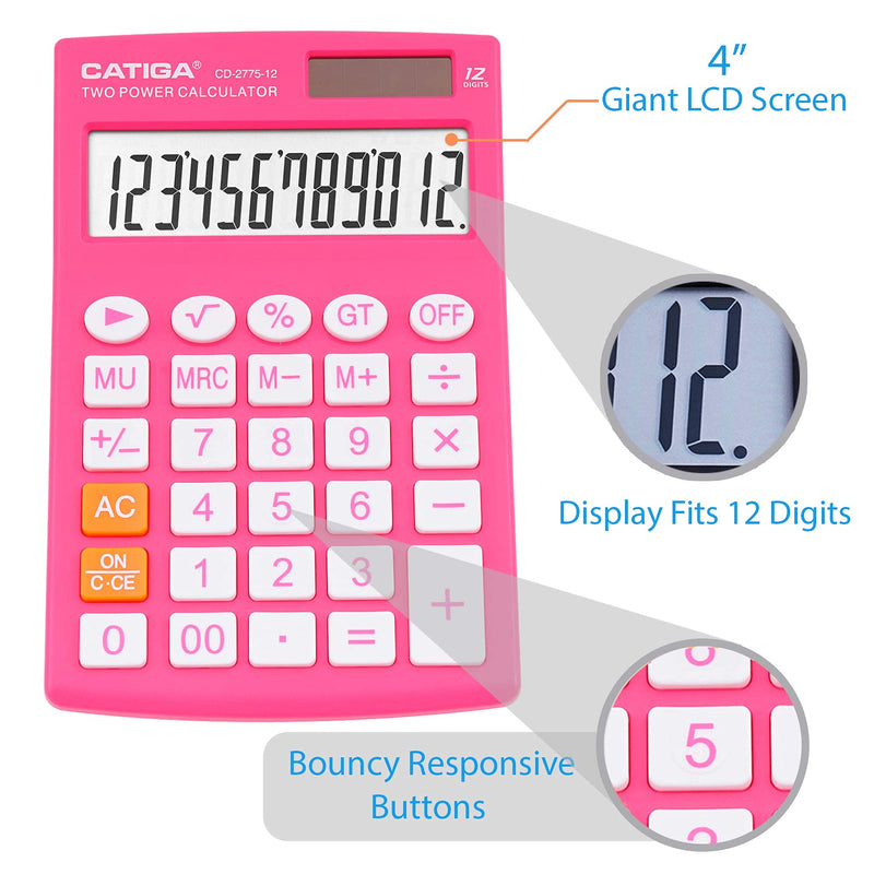 [Australia - AusPower] - Desktop Calculator with 12 Digit LCD Display Screen, Home or Office Use, Easy to Use with Clear Display/Memory Functions, CD-2775 (Pink) Pink 