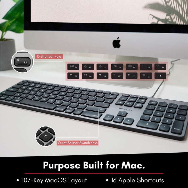 [Australia - AusPower] - Macally Backlit Mac Keyboard Wired - Quiet, Sleek, and Functional - 3 Brightness Levels, 107 Keys - 5ft USB Wired Apple Keyboard - Backlit Wired Keyboard for Mac, iMac, MacBook Pro/Air - Space Gray 