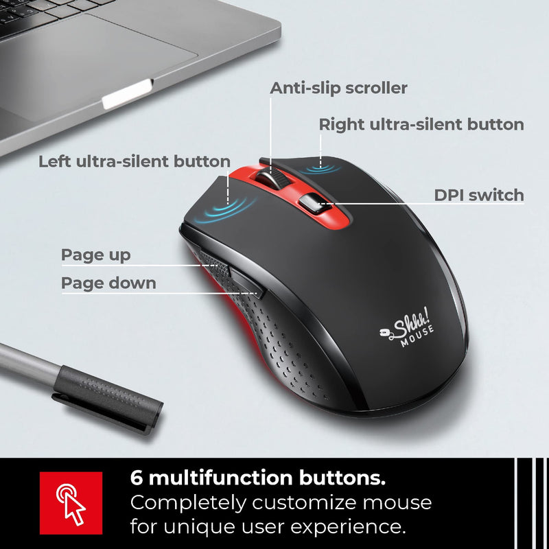 [Australia - AusPower] - ShhhMouse Silent Wireless Mouse for Laptop - Optical Cordless Computer Mice with USB – Quiet Click, 3 DPI Levels of Sensitivity, Side Buttons - Portable for PC, Chromebook [Black & Red] Black & Red 
