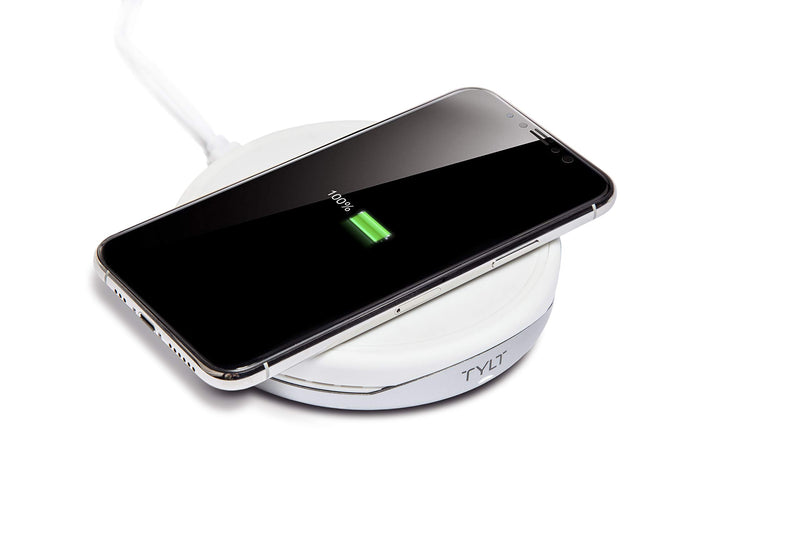 [Australia - AusPower] - TYLT Crest Round Wireless Charger, Universal Fast Wireless Charging Pad, QI Certified 10w Max Compatible with Apple iPhones, Samsung Galaxy Phones, Wireless Buds and Other QI Capable Devices| White 