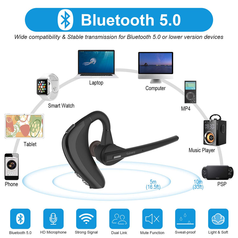 [Australia - AusPower] - Golvery Bluetooth Earpiece V5.0 Wireless Headset with Boom Microphone for Cell Phone, CVC6.0 Noise Cancelling, Handsfree Stereo Earphones for Office Car Trip, Volume/Mute Control, 10 Hours Talk Time 