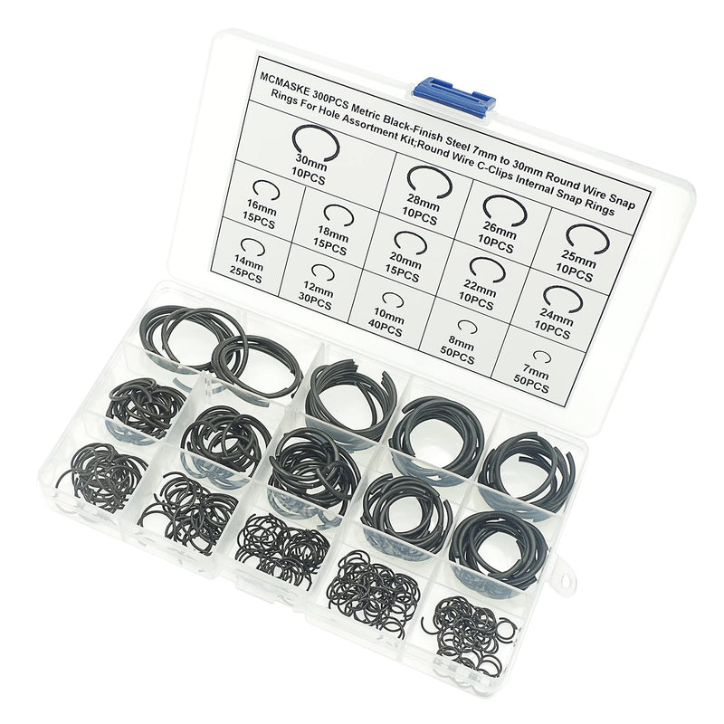 [Australia - AusPower] - MCMASKE 300PCS Metric 7mm to 30mm Round Wire C-Clips Internal Snap Rings Assortment Kit;Round Wire Snap Rings for Hole(Black-Finish Steel) 