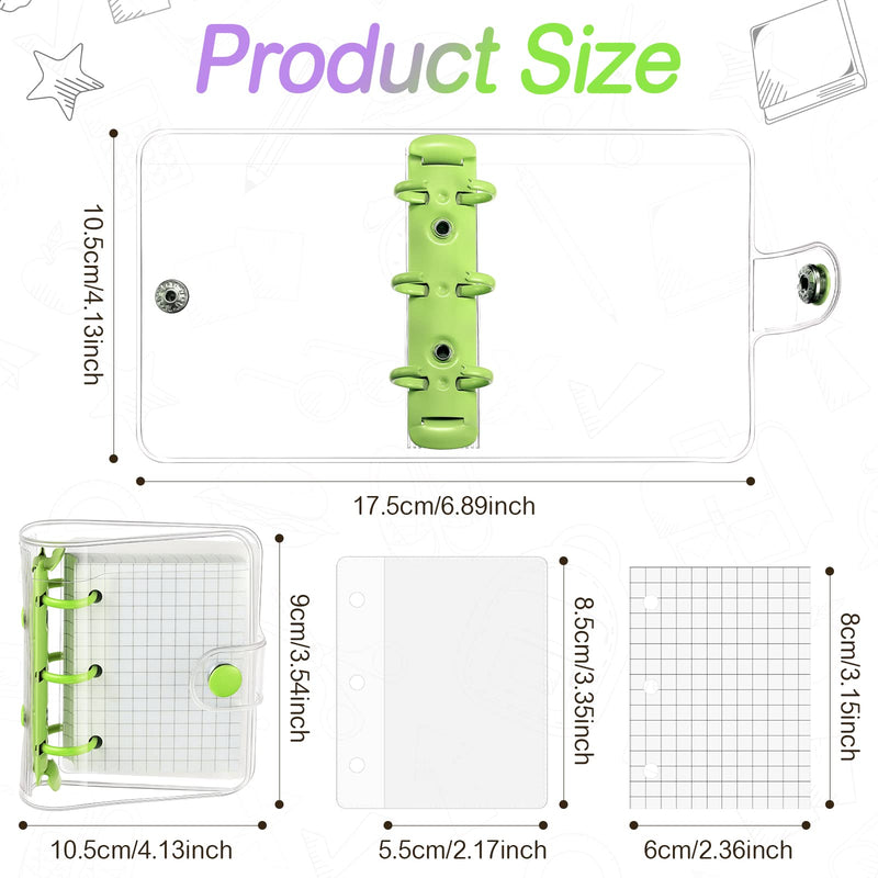 [Australia - AusPower] - 2 Sets Mini Transparent 3 Ring Binder Covers with Mini Binder Inner Paper Pockets Clear Soft PVC Notebook Closure Loose Leaf Folder Round Ring Binder Cover Protector with Snap Button (Green, Purple) Green, Purple 