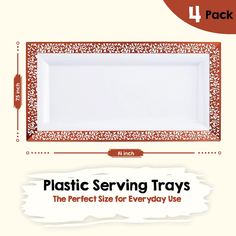 [Australia - AusPower] - Yumchikel-Decorative Plastic Serving Tray & Platter Set (4pk) - Rose Gold Disposable Party Trays & Platters for Food - Weddings, Upscale Parties, Dessert Table, Cupcake display -14"x7.5" inches 