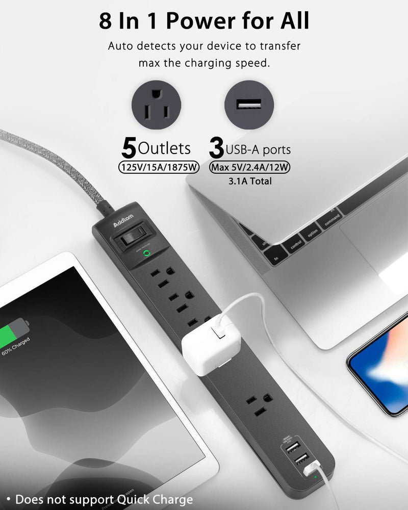 [Australia - AusPower] - Addtam Power Strip, 15ft Long Extension Cord with 5 AC Outlets, 3 USB Charging Ports, Surge Protector, UL Certified, Black 15 FT 