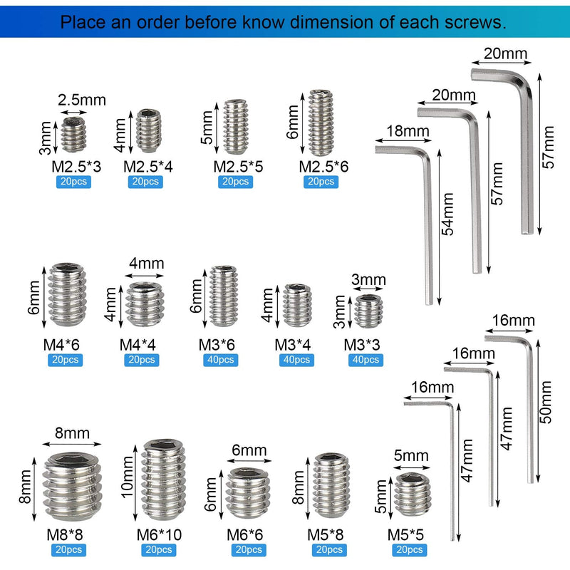 [Australia - AusPower] - HanTof 340Pcs M2.5, M3, M4, M5, M6, M8 Metric Hex Socket Head Cup Point Set Screws, Allen Head Grub Screw, Internal Hex Drive Headless Set Screw Assortment Kit with 6 Hex Wrenches, 304 Stainless Steel Silver-340pcs Metric M2.5-M8 Cup Point Set Screw 