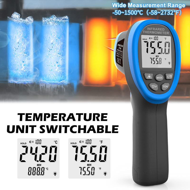 [Australia - AusPower] - BTMETER BT-1500 Non-Contact Pyrometer 30:1 Industrial Laser Thermometer Gun, -58℉ to 2732℉ (-50℃ ~ 1500℃) High Temp Infrared Thermometer (NOT for Human) BT-1500 Blue 