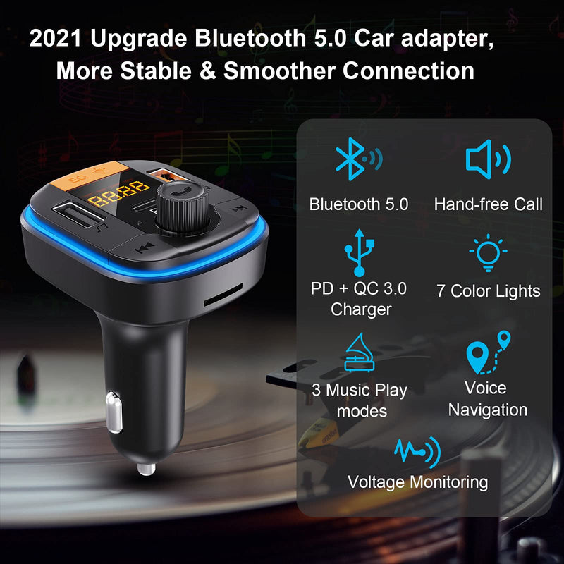 [Australia - AusPower] - Bluetooth FM Transmitter for Car - Tensun Bluetooth Car Adapter PD20W+QC3.0 Cigarette Lighter Bluetooth 5.0 Radio Receiver Music Player Car Charger Supports Hands-Free Call Siri Google Assistant 