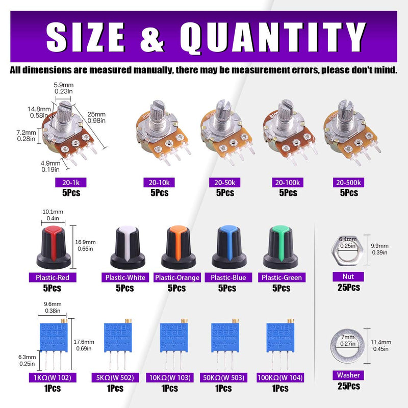 [Australia - AusPower] - Swpeet 80Pcs 1K-500K Ohm Potentiometer Assortment Kit with 1Kohm -100Kohm Multiturn Trimmer, Knurled Shaft 3 Terminals Single Linear HighPrecision Variable Resistor with Nuts and Washers Plastic + Aluminum 