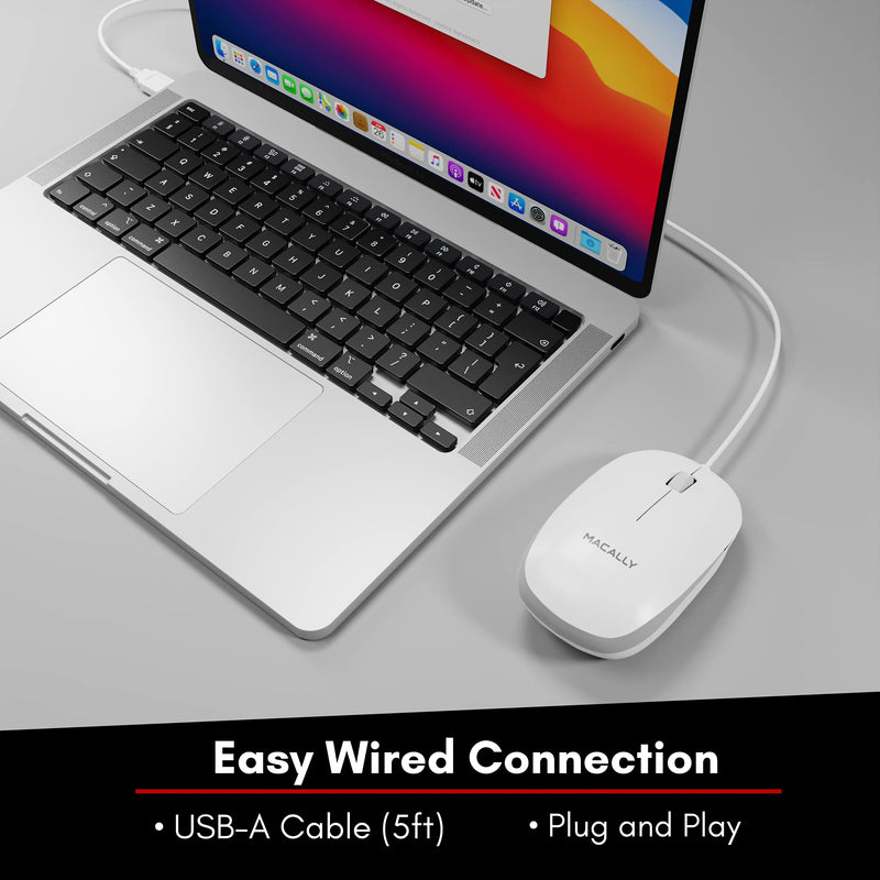 [Australia - AusPower] - Macally USB Wired Mouse for Mac and Windows - Simple 3 Button Computer Mouse Wired, Scroll Wheel Layout with 5ft Cord - Simple Plug and Play USB Mouse for Laptop, Desktop, Notebook - White 