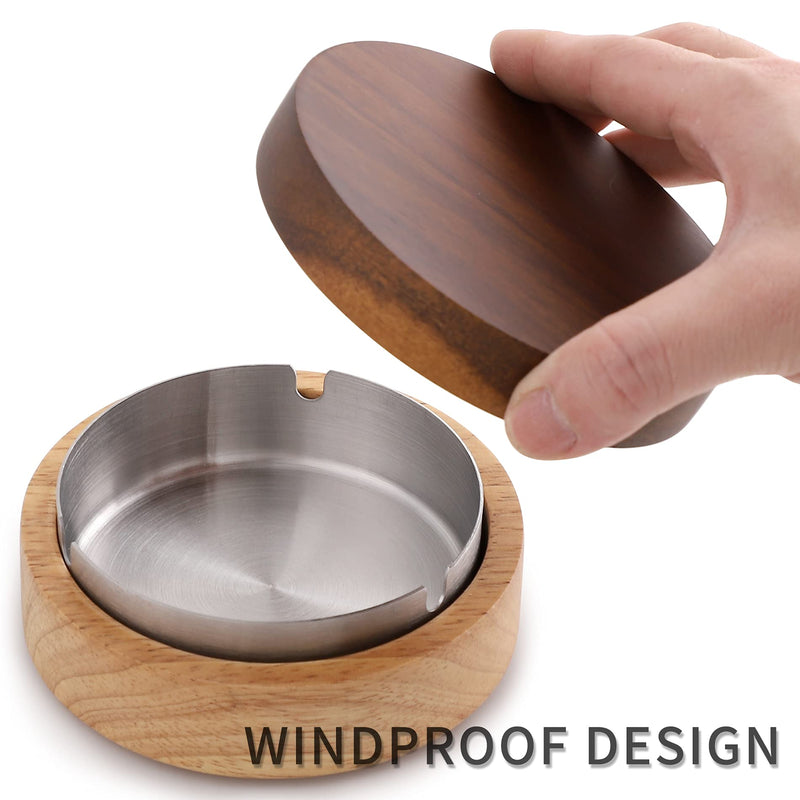 [Australia - AusPower] - Wooden Ashtray with Lid for Smokers Stainless Steel Liner Ash Tray Windproof Durable Easy to Clean Cool Ashtrays for Indoor or Outdoor Use, Patio, Office & Home 4.7 in x 4.7 in x 2.1 in Wood 