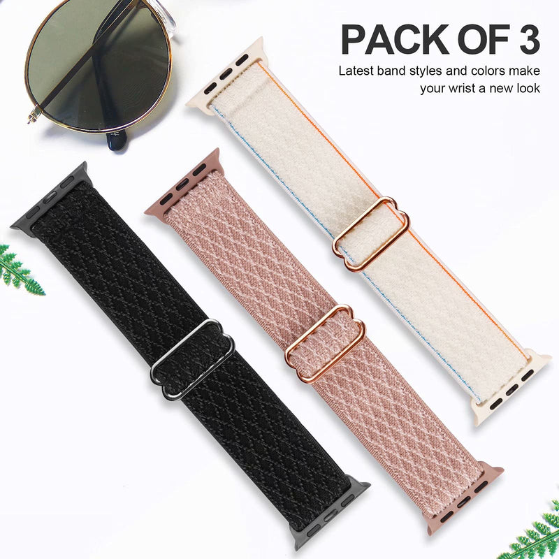 [Australia - AusPower] - Swhatty Stretchy Nylon Solo Loop Bands Compatible with Apple Watch 41mm 40mm 38mm, Adjustable Braided Sport Elastics Women Men Strap for iWatch Series 7 6 5 4 3 2 1 SE (Black, Rose pink, Cream) Black/Rose Pink/Cream 38mm/40mm/41mm 