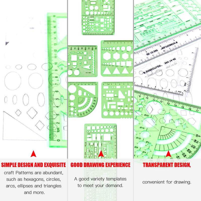 [Australia - AusPower] - Hilitchi 16 Pcs Pack Plastic Measuring Templates Building Formwork Stencils Geometric Building Furniture Drawing Template Geometry Rulers and Drafting Scale Ruler with Eraser Pencil and Refills 