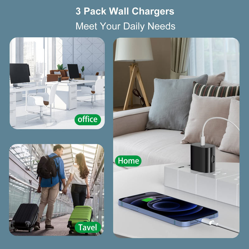 [Australia - AusPower] - USB C Wall Charger 3-Pack, OKRAY 20W USB-C Fast Charging Power Adapter Type-C Fast Charger Block Compatible for iPhone 13/13 Pro/13 Pro Max/13 mini/12/11/XS/XR/iPad, Samsung Galaxy S20/S10 (Black×3) Black Black Black 