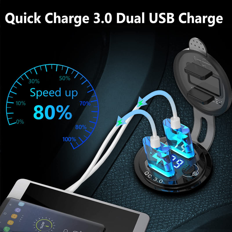 [Australia - AusPower] - Quick Charge 3.0 Dual USB Socket, Qidoe Aluminum Metal 12V/24V USB Outlet with LED Voltmeter & ON/Off Power Switch Waterproof Dual USB Port for Car RV Boat Marine Golf Cart Truck Motorcycle 