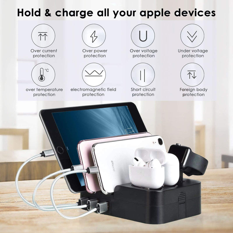 [Australia - AusPower] - Charging Station for Multiple Devices 6 Port 30W Fast Multi USB Charger Station Dock HUB Desktop Wall Charge Stand Organizer for iPad iPhone Airpods iwatch Kindle Tablet Smart Cell Phones Black 
