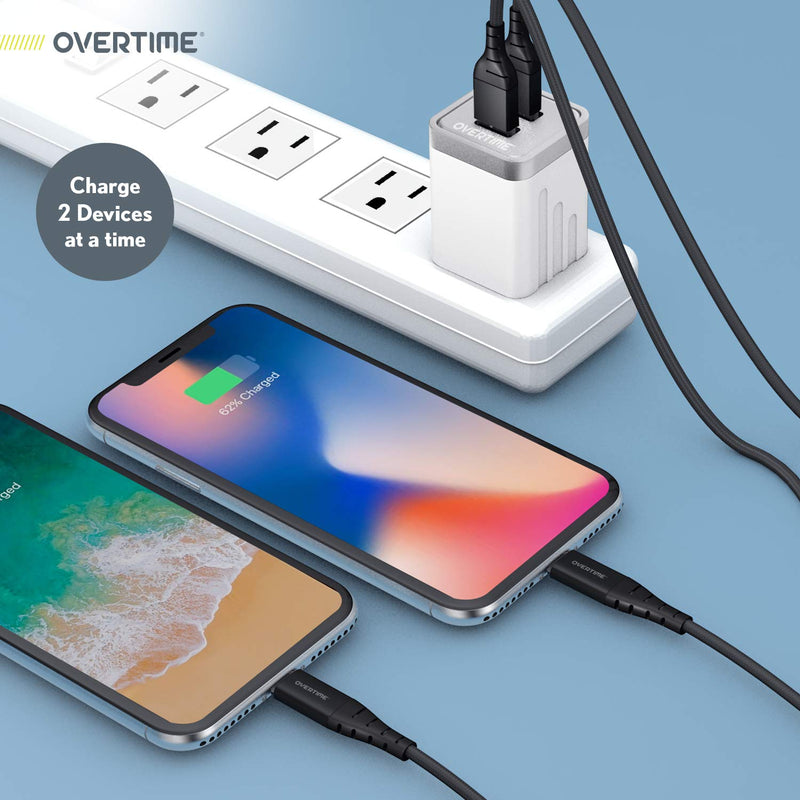 [Australia - AusPower] - iPhone Charger Set, Overtime Apple MFi Certified Lightning Cable 6ft with Dual USB Wall Adapter 2.4 AMP Compatible w/iPhone 11 Pro Max XS XR X 8 7 6S 6 Plus SE AirPods iPad (White/Black) White/Black 