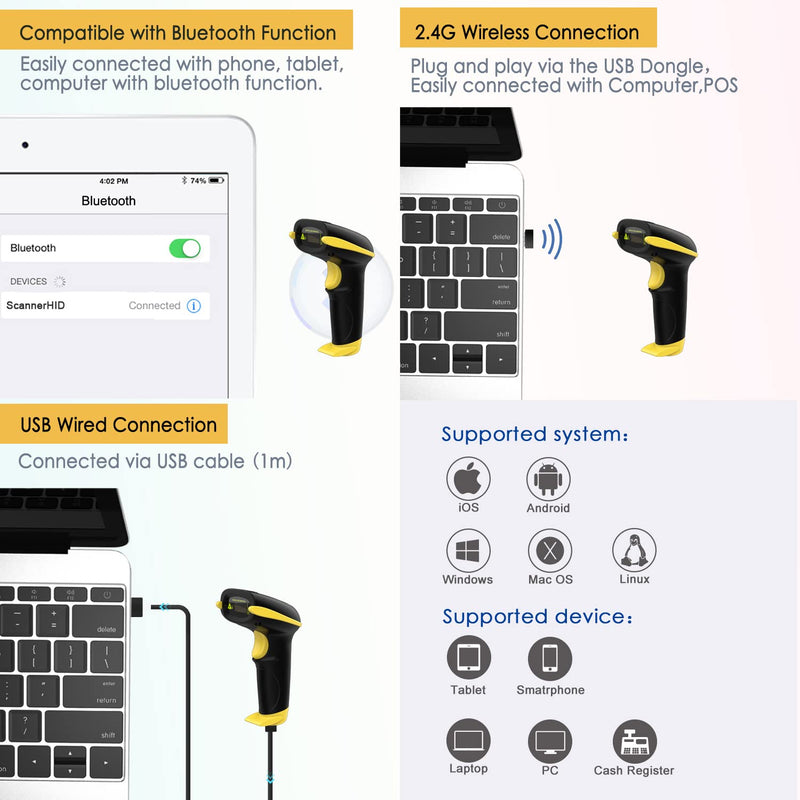 [Australia - AusPower] - NADAMOO Wireless Barcode Scanner Compatible with Bluetooth, Handheld USB 1D Cordless Laser Bar Code Reader for Inventory, Work with Windows/Mac OS/Linux Computer, Made for iPhone, iPad, and Android 