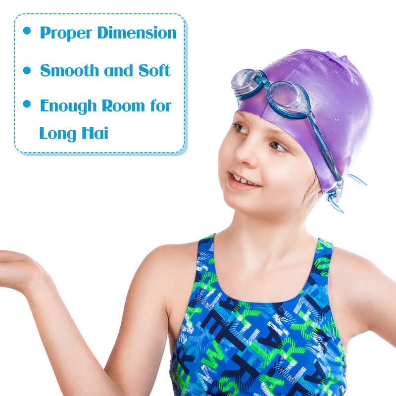 [Australia - AusPower] - 3 Pieces Kids Swim Caps for Long Hair Silicone Swimming Cap for Girls Boys Kids Teens with Long Curly Hair Braids Dreadlocks Large Waterproof Swim Hat Plain Style Pink, Light Blue, Purple 