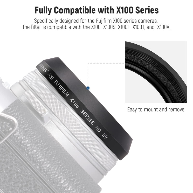 [Australia - AusPower] - NEEWER UV Protection Filter for X100 Series Cameras, Multi Coated HD Optical Glass Build Lens Filter Accessory Compatible with Fujifilm X100 X100S X100F X100T X100V Camera (Black Frame) Black 