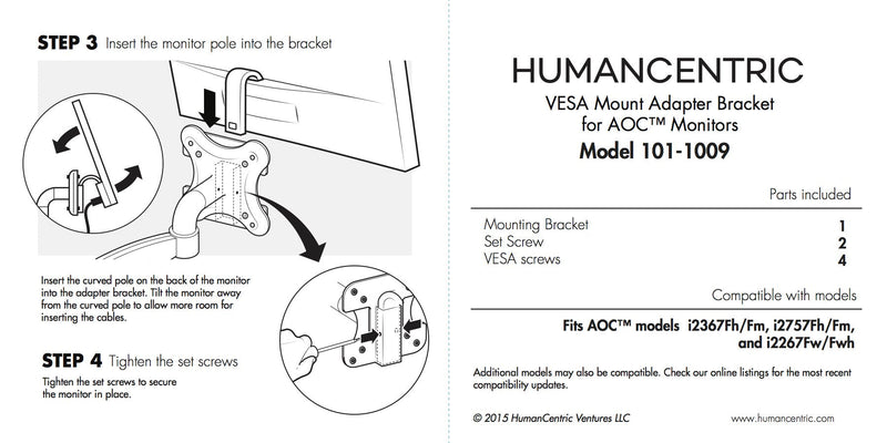 [Australia - AusPower] - VESA Mount Adapter Bracket for AOC i2367Fh/Fm/F, i2757Fh/Fm, i2067f, and i2267Fw/Fwh - by HumanCentric 
