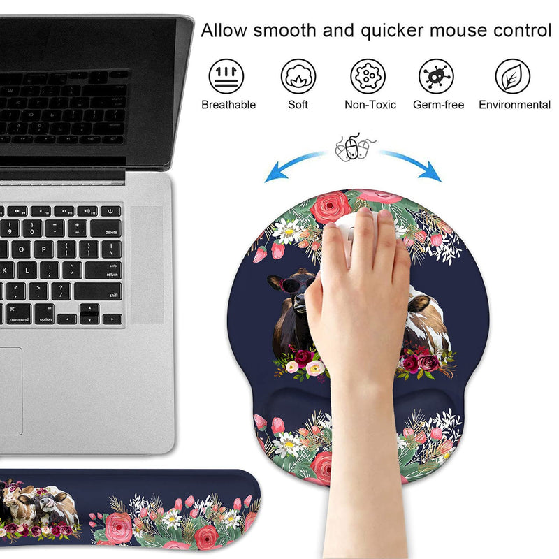 [Australia - AusPower] - Keyboard Wrist Rest and Mouse Pad Wrist Support Set, Non-Slip PU Base Ergonomic Gaming Mousepad for Home Office Working Studying Easy Typing & Pain Relief - Floral Quote Funny Cows Combination 