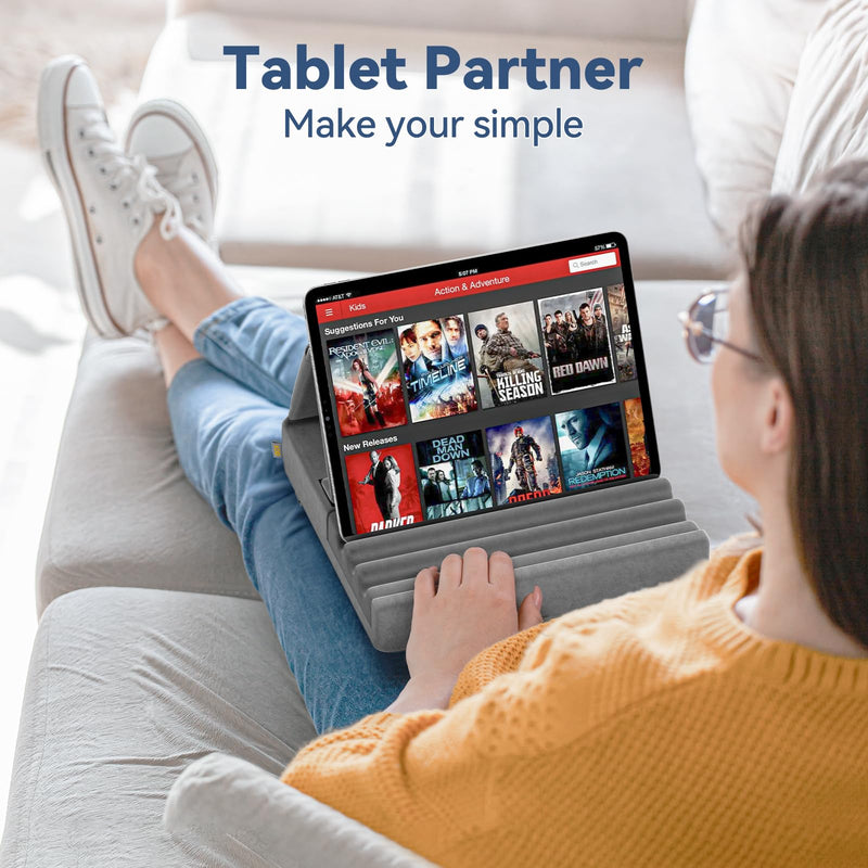 [Australia - AusPower] - KDD Tablet Pillow Holder, Foldable iPad Stand for Lap, Bed and Desk -Tablet Soft Pad Dock with Pocket & Stylus Mount Compatible with iPad Pro 12.9, 10.5, 9.7 Air Mini 6 5 4 3, Kindle, E-Reader, Gray 