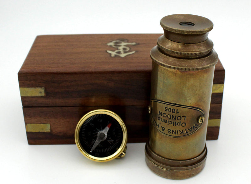 [Australia - AusPower] - Nautical Brass Spyglass Telescope with Wooden Box, Brass Pirate Brass Telescope, Spyglass Collapsible Monocular Decorative Telescope with Glass Optics for Kids (Antique Finish) Black 