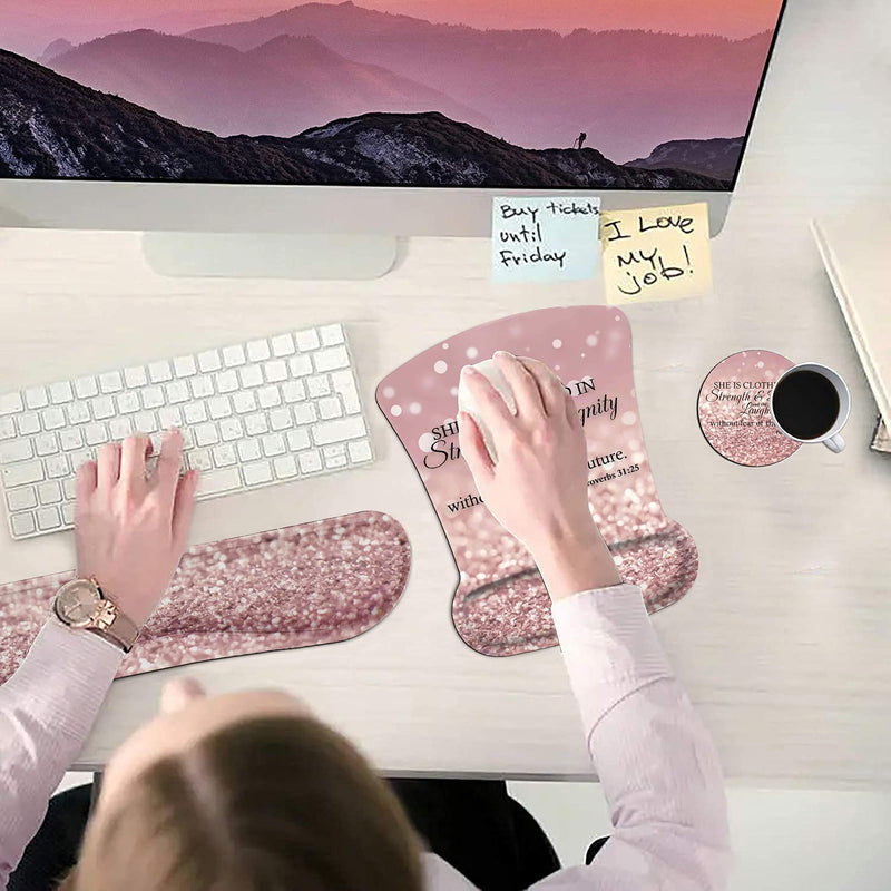 [Australia - AusPower] - Ergonomic Mouse Pad Wrist Support Gel and Keyboard Wrist Rest Set Proverbs 31:25,Bible Verse Pink Glitter Design for Laptop, Mac, Gaming and Office, Durable, Comfortable and Pain Relief + Coaster Yu-mousepad-2-3 