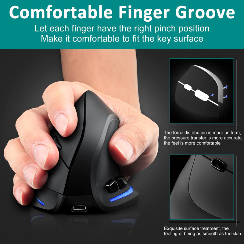 [Australia - AusPower] - Wireless Mouse Tri-Mode (BT 5.0/3.0+2.4GHz), TRELC Ergonomic Vertical Mouse with 3 Adjustable DPI, Rechargeable Optical Wireless Mouse for 3 Devices, 7 Buttons for PC, Desktop, Laptop, Tablet (Black) Tri-Mode (BT 5.0/3.0+2.4GHz) 