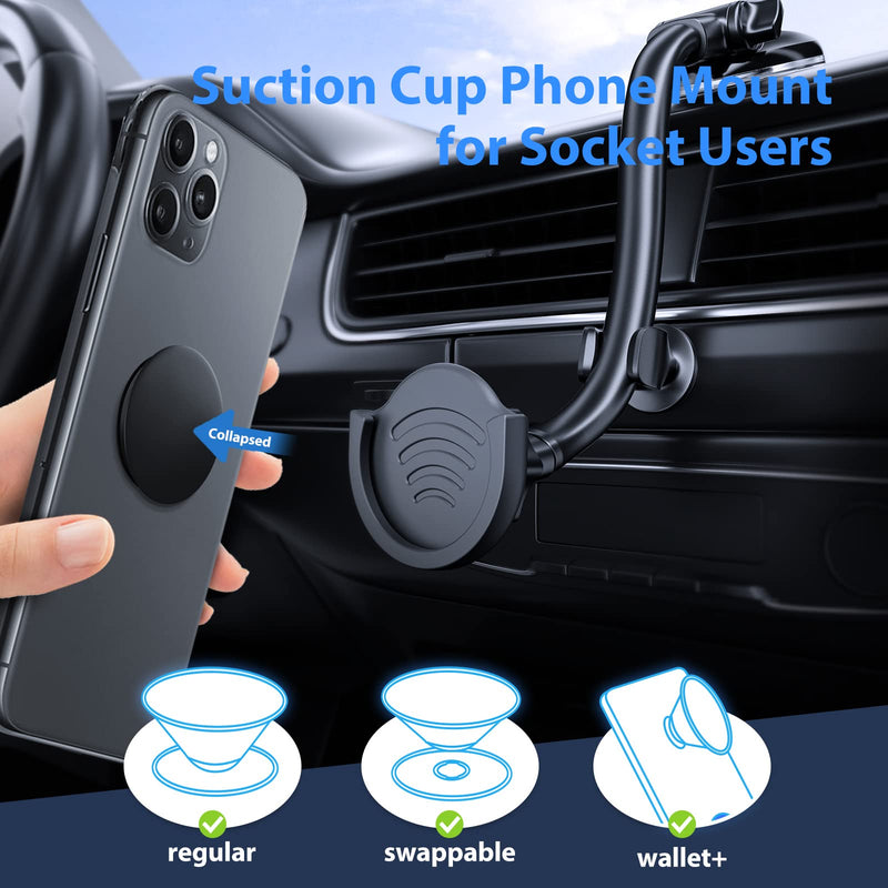 [Australia - AusPower] - Suction Cup Phone Mount for Socket User, pop-tech Dashboard Car Phone Holder Cradle for Collapsible Grip with 7.5 Inch Long Arm Gooseneck & Anti-Shake Stabilizer Compatible with iPhone Samsung Galaxy 